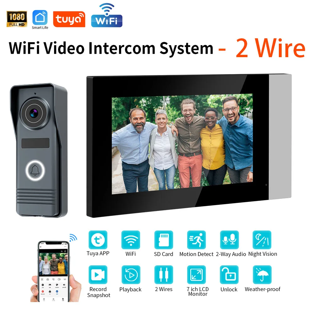 2 Wires Smart Home Tuya Wifi 1080P Video Intercom Video Door Phone 7'' Touch Monitor Video Doorbell Door Camera Security System