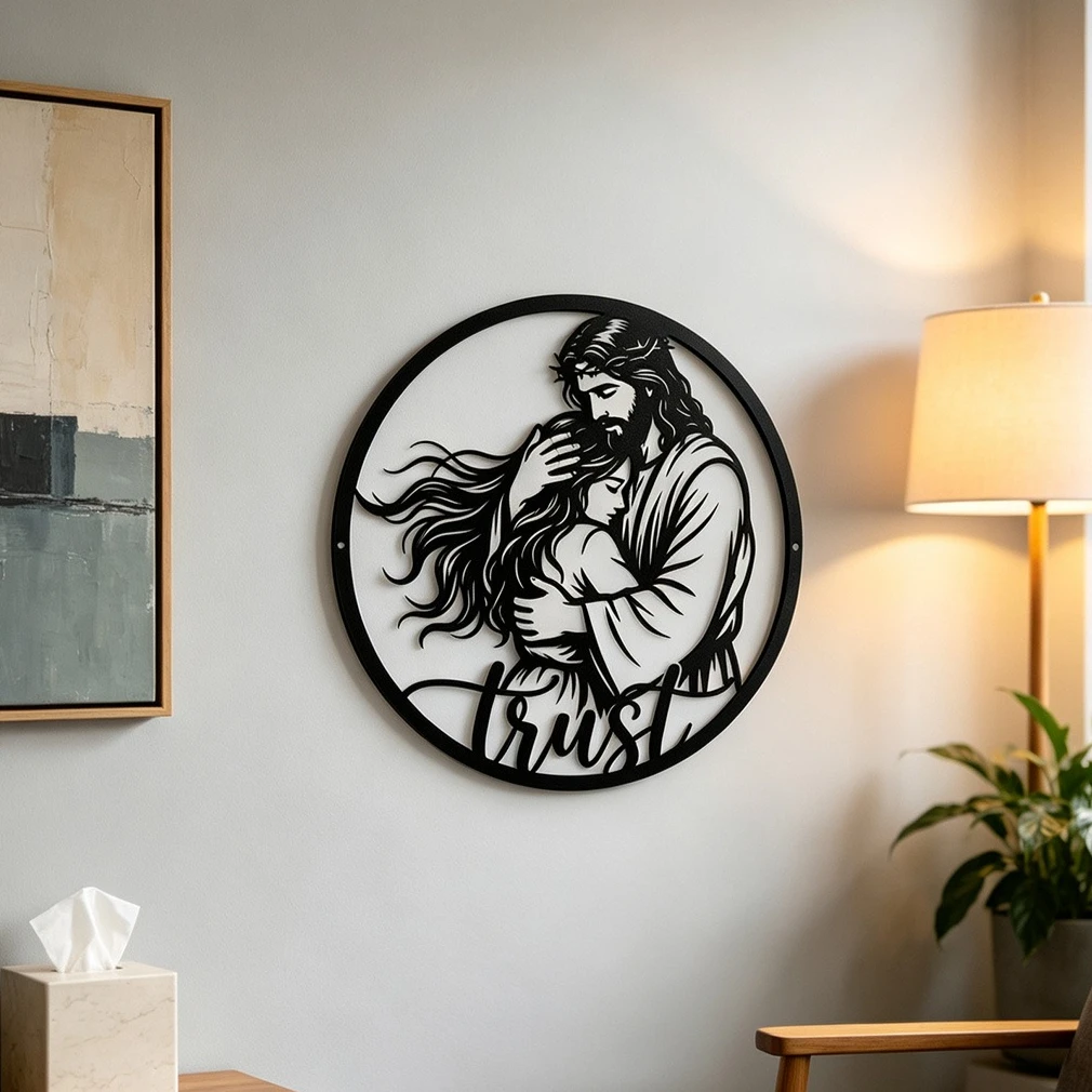 1pc Jesus Embrace Girl Metal Wall Sign,Trust Word Religious Iron Wall Art, Christian Faith Hanging Decoration, Home Church Decor