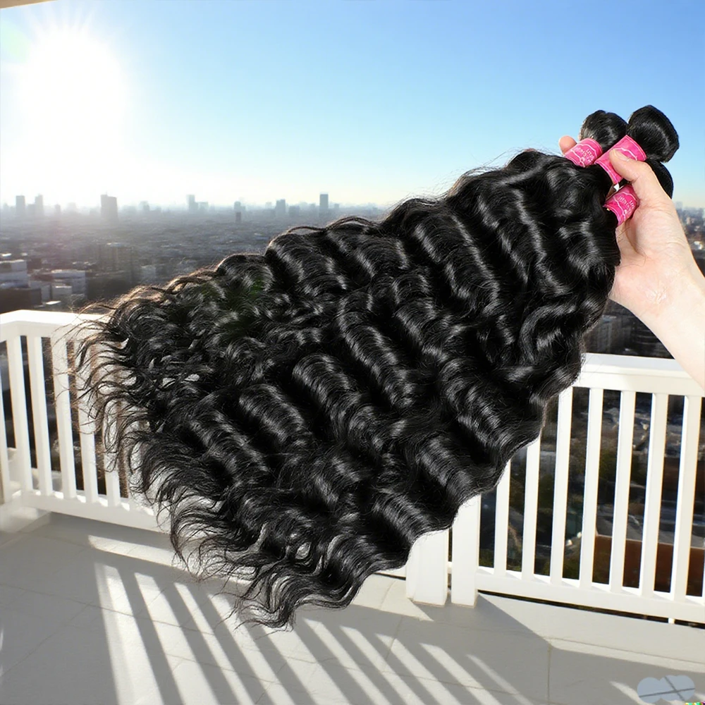Natural Water Wave Human Hair Bundles, Curly Deep Wave, Brazilian Natural Black Remy, 3 Bundles