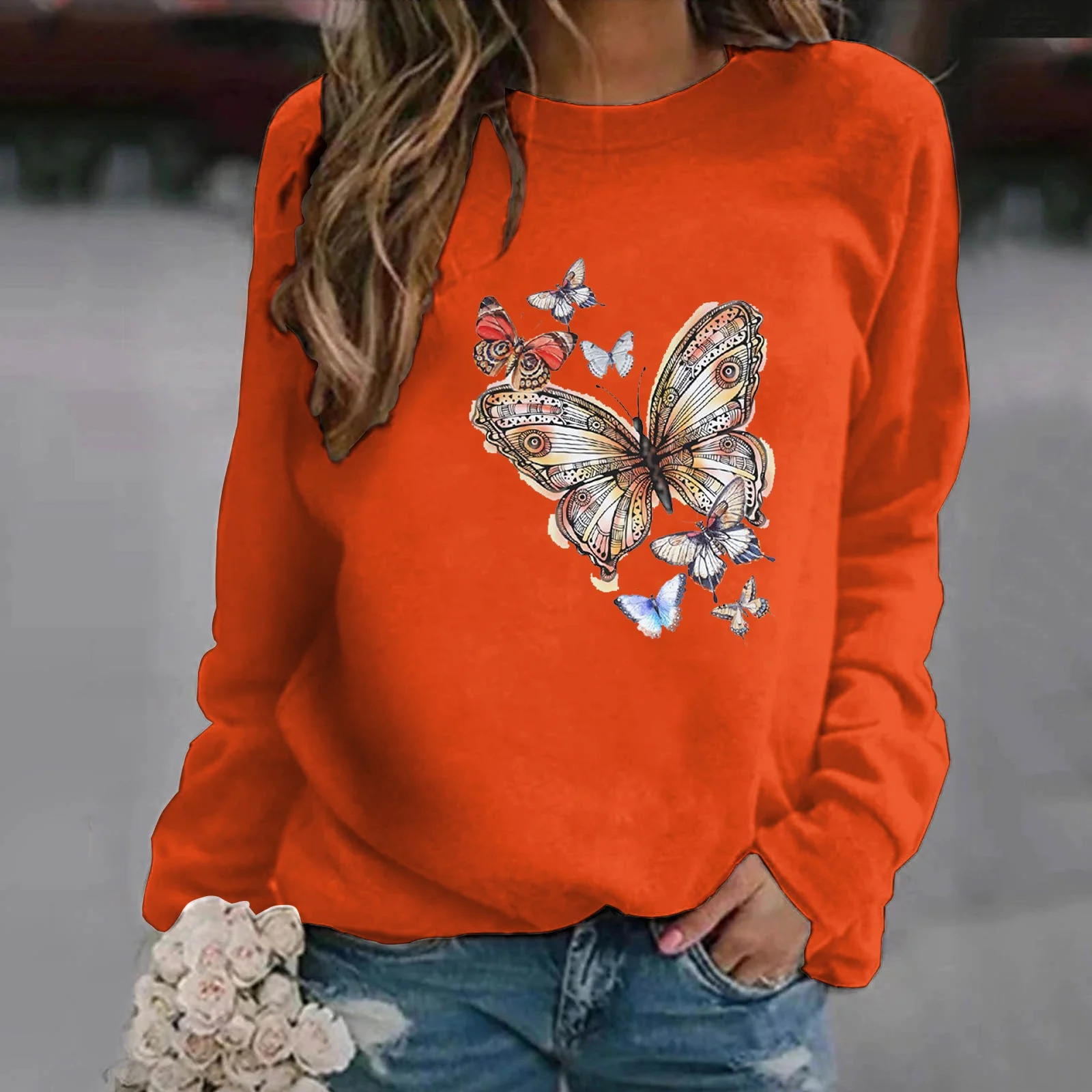 Popular Butterfly Printing Hoodless Sweatshirts For Women Autumn Winter Fashion Casual Solid Color Ladies O Neck Sweater