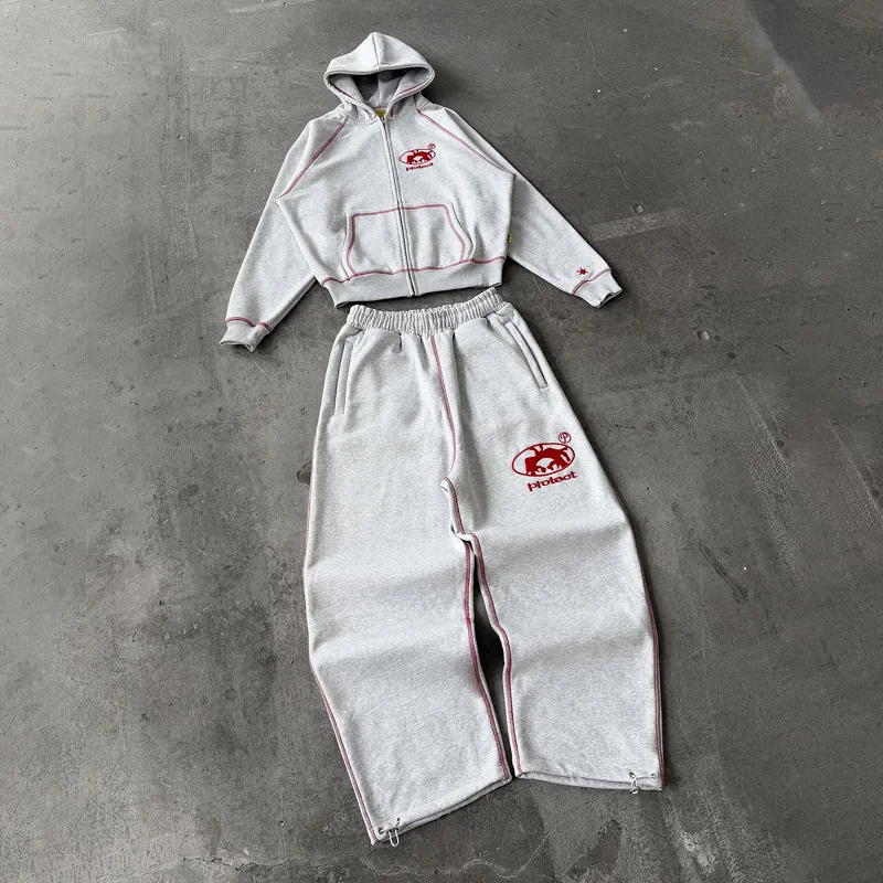 

Y2K Trendy Red Knitted Brudda Grey Hoodie Sweatshirts Vintage Embroidered Baggy Casual Pants Harajuku Warm Men Women Clothing