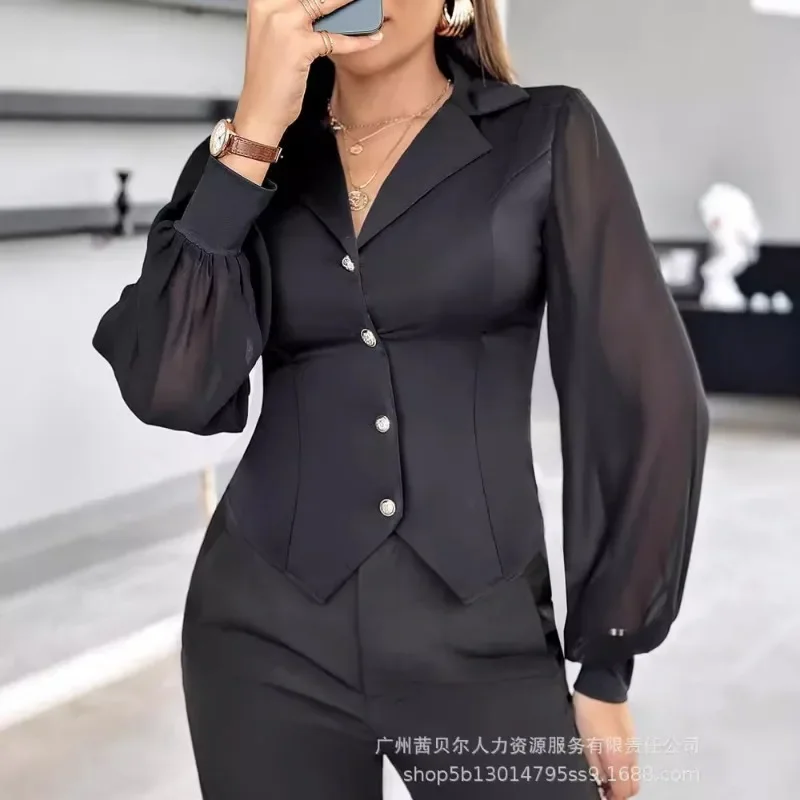 Sheer Mesh Patch Buttoned Blouse Top Mesh Stitching Button Shirt Top Notched Collar V-neck Black Shirt Tops