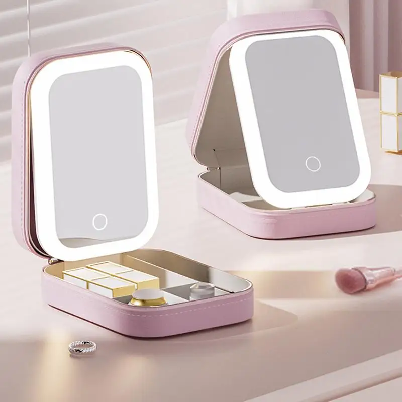 Makeup Mirror With Led Light Portable Travel Cosmetics Storage Box Organizer With Foldable Mirror Gift