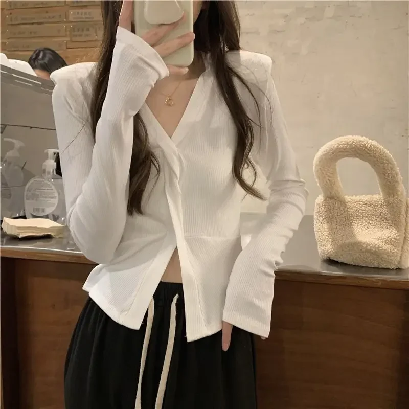 Cross Top Women 2024 Autumn Irregular T-shirt Korean Style Solid Long Sleeve Tees Tshirts Femme Fashion V-neck T Shirt Clothes