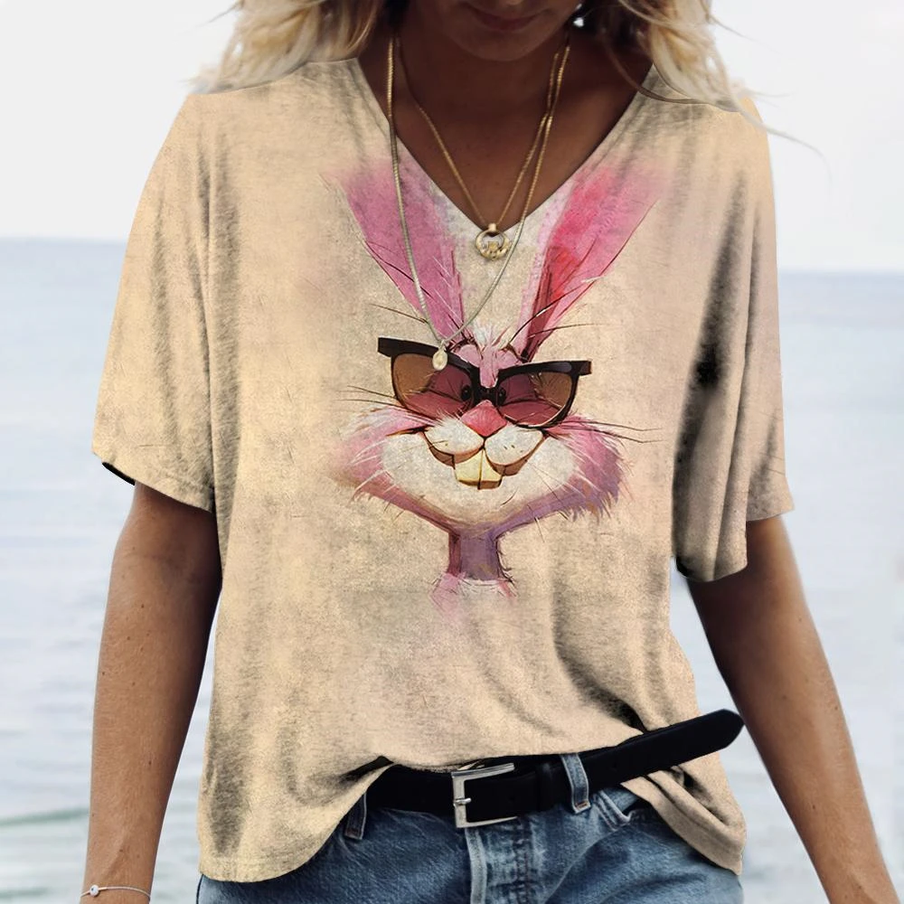 Women's T Shirt For Summer Animal Print Casual Short Sleeve Rabbit T-Shirts Female V-Neck Oversized Clothing Fashion Pullover