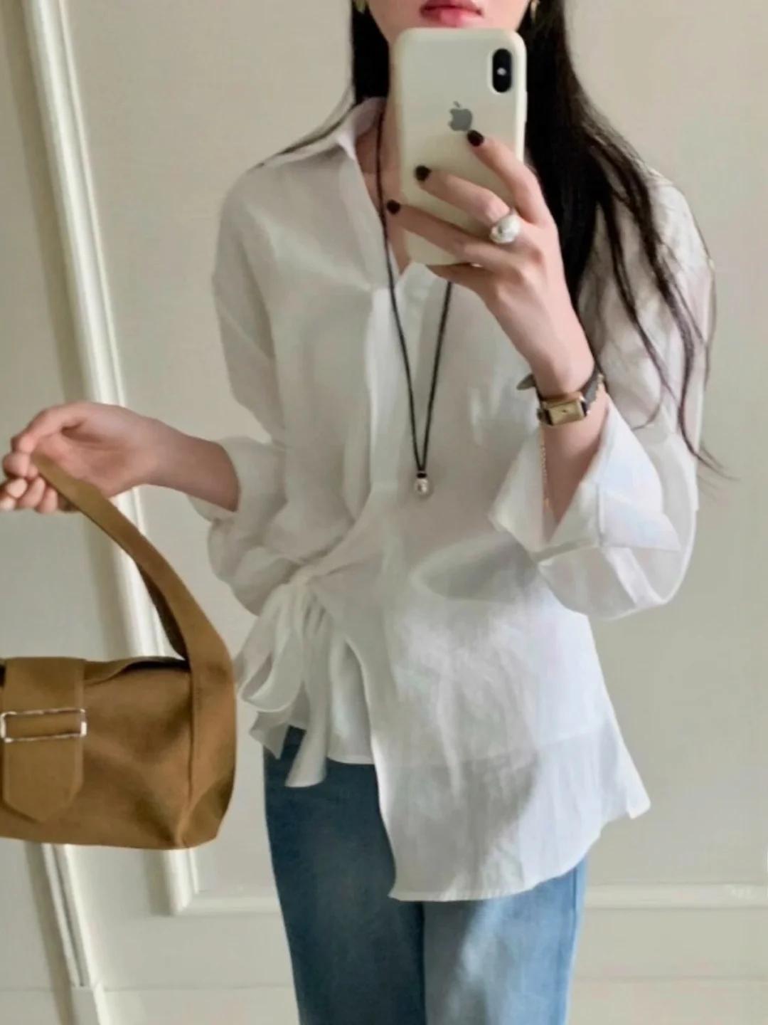 

Белая асимметричная блузка с завязками на талии для женщин, весенняя, для офиса, собеседований, поездок на работу, с длинным рукавом, воротником, дышащая одежда