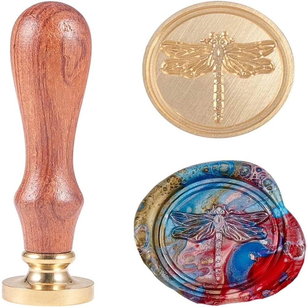 1pc DIY Scrapbook Brass Wax Seal Stamp and Wood Handle Sets Dragonfly Pattern Golden 89.5mm Stamps: 2.45x1.45cm