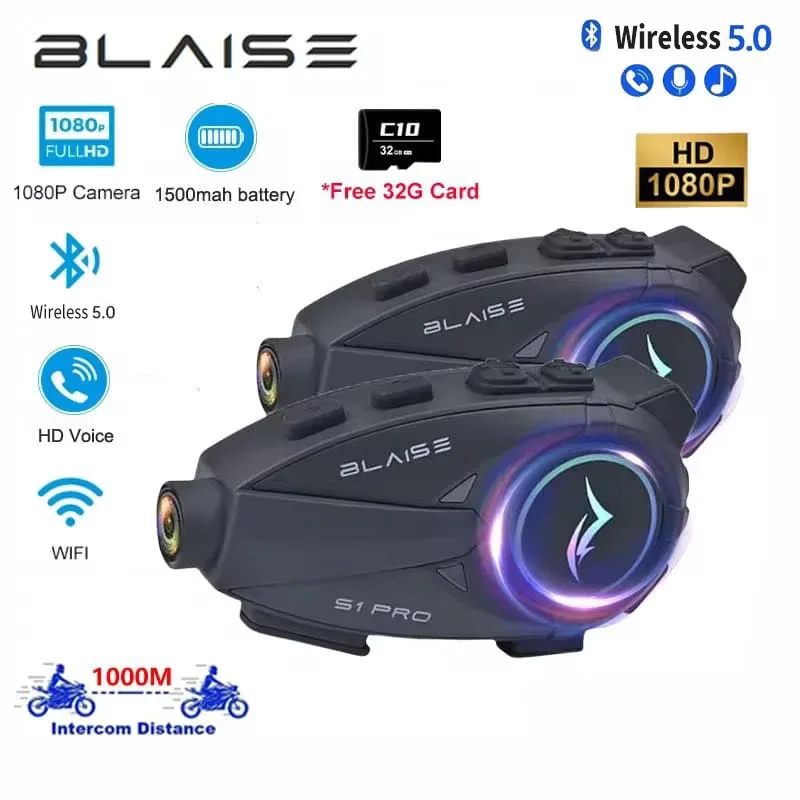 BLAISE S1 PRO Motorcycle Intercom Helmet Dash Cam Bluetooth Headsets Handsfree Communicator Video Record 1080P Interphone