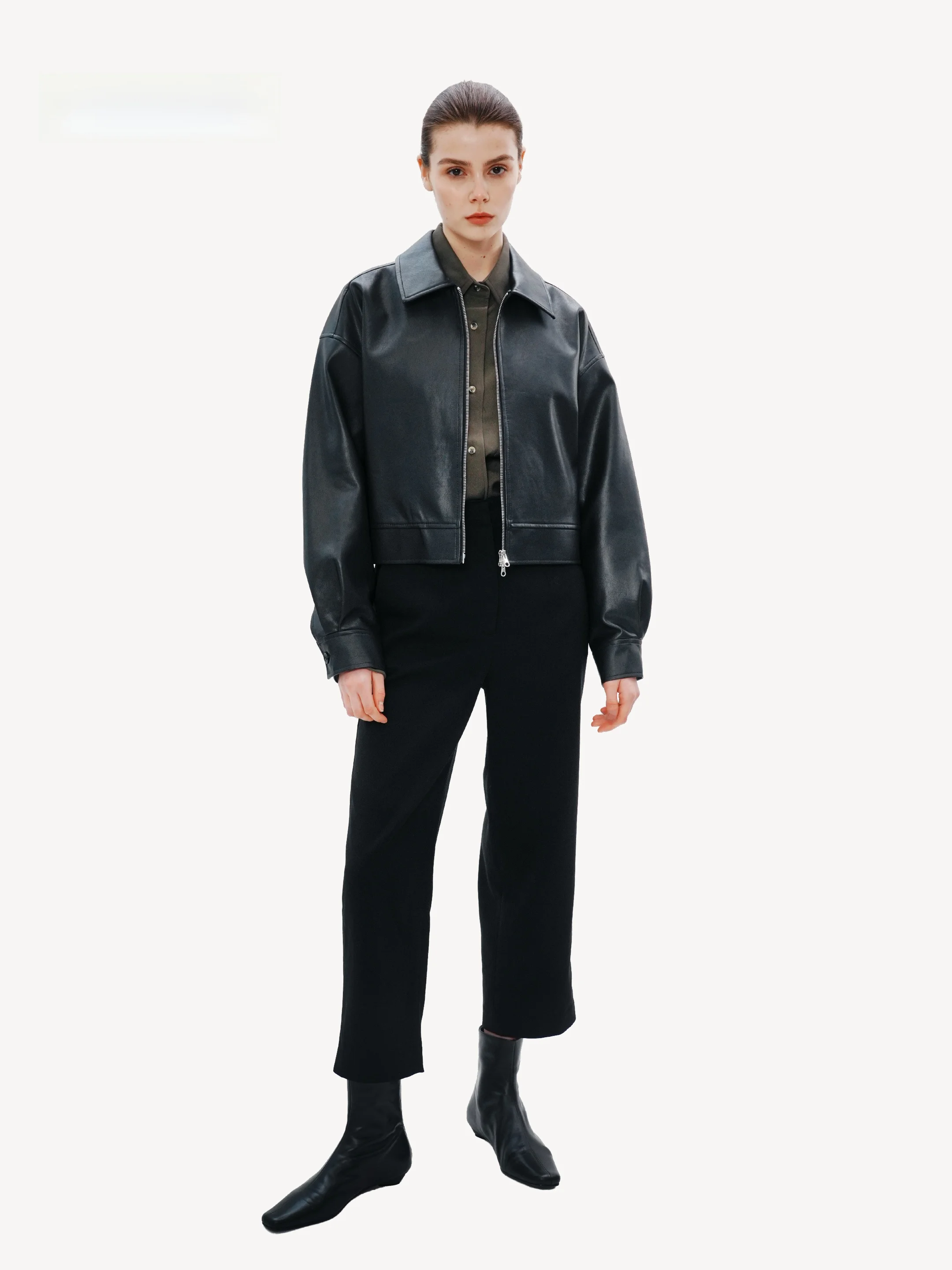 AEVIAA ブラック ヴィンテージ ディストレスト ルーズ カジュアル レザー ジャケット レディース 韓国スタイル 着痩せ 多用途 ショート 秋冬コート