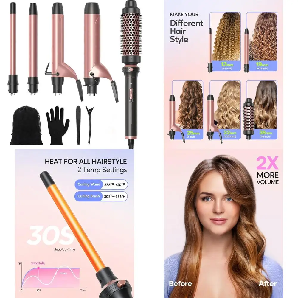 

Универсальный набор для завивки волос с 4 керамическими насадками, термощеткой, быстрым нагревом, двойным напряжением