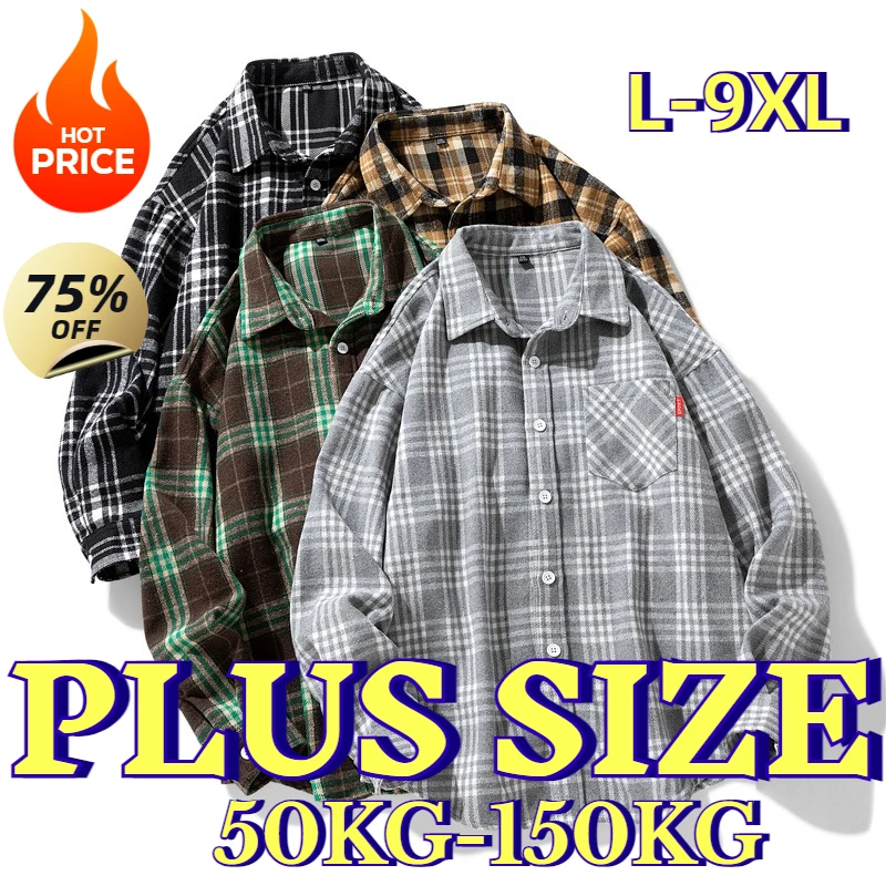 plus size Men's Shirts Button-Up Classic Plaid Casual Shirt Long Sleeved Chest Pockets Design Spring Autumn Men Tops