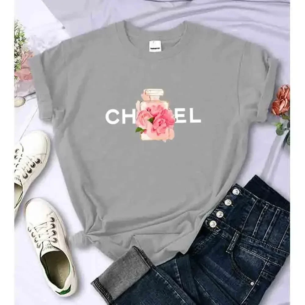 Women\'s Summer Cotton T-Shirt Alphabet Flower Perfume Shirt Fashion Printed Pattern T-Shirt Brand High Quality Short Sleeve Top