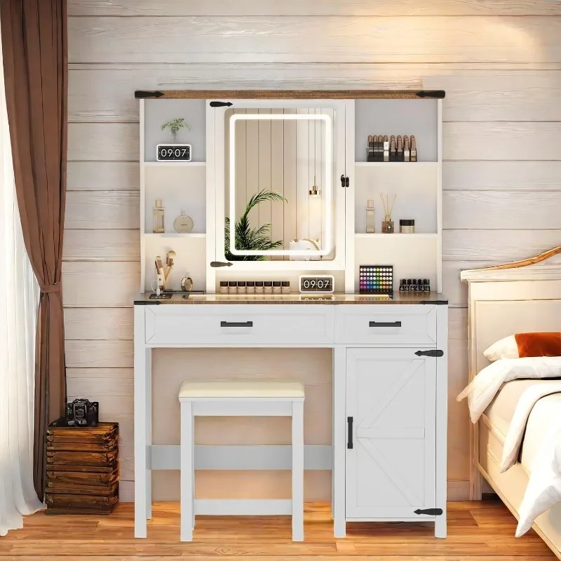 Farmhouse Makeup 40'' Vanity Set with Human Body Sensing LED Lights & Hidden Jewelry Cabinet,home.