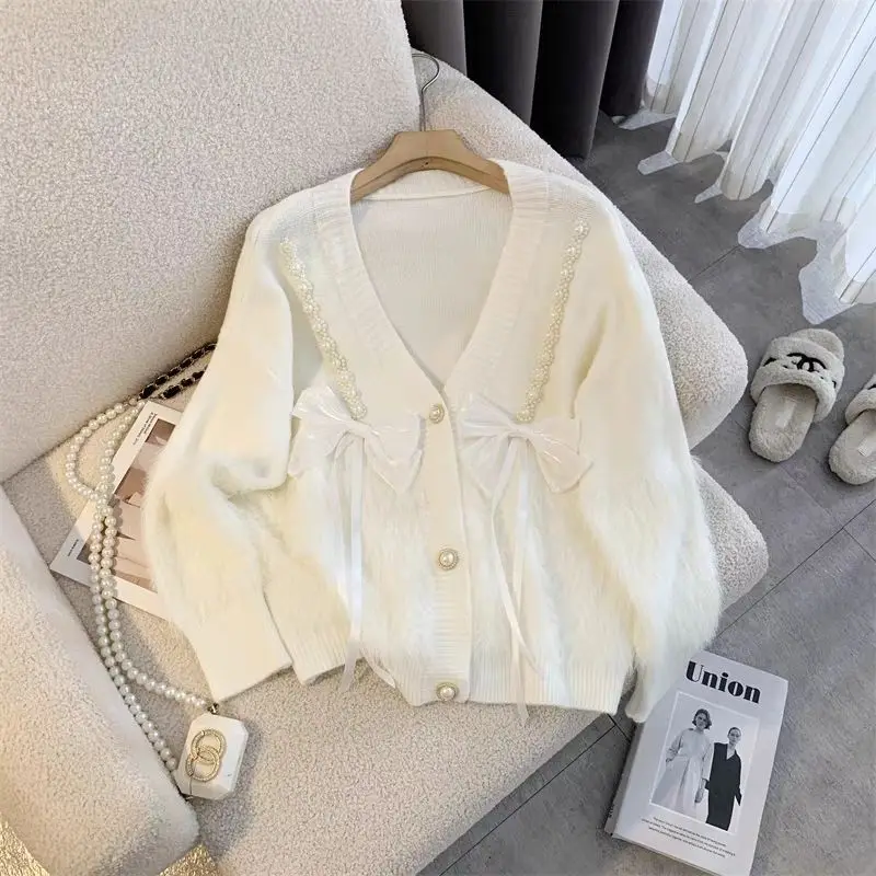 Sweet Bow Knitting Cardigan Coat Women Autumn Winter Fashion Office Lady Solid Color Coat Casual All-match Trend Knitwear Tops