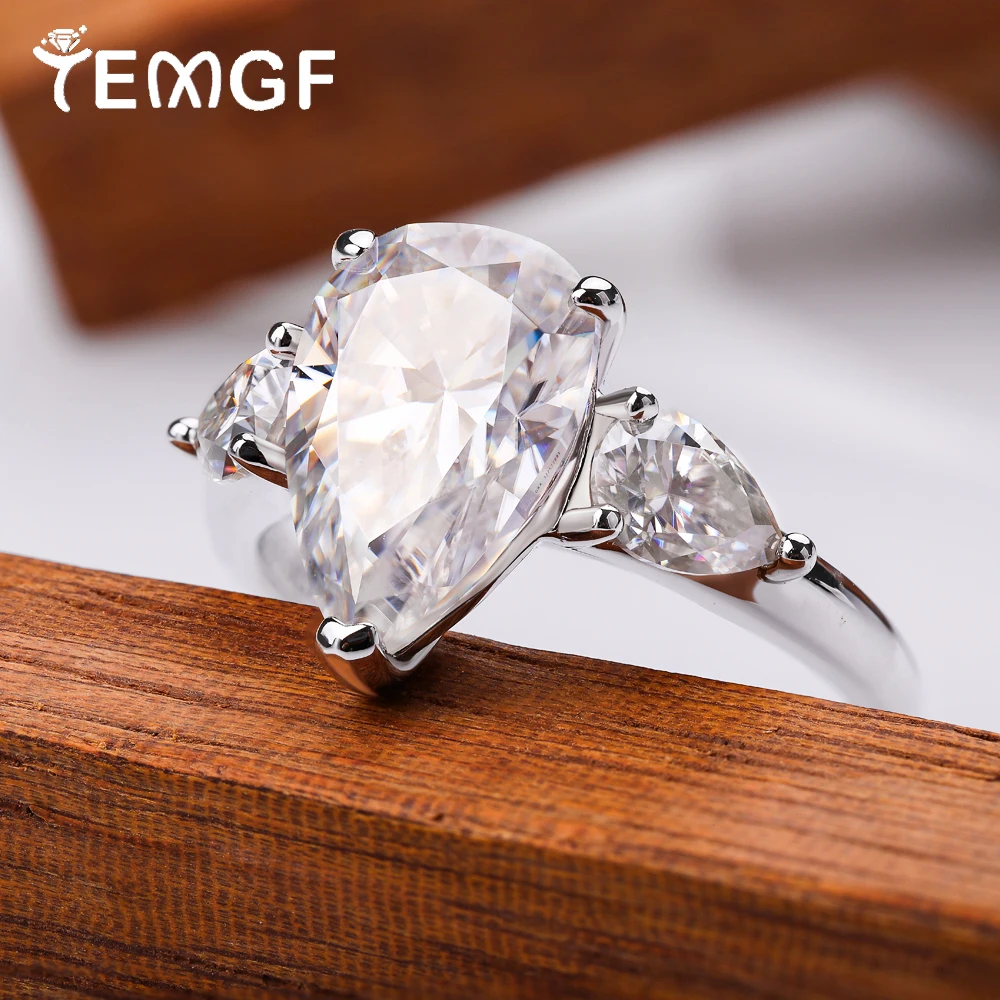 

TEMGF Pear Cut All Moissanite Rings for Women 925 Sterling Silver 18K Plated 3 Stones Waterdrop Shape Engagement Wedding Band