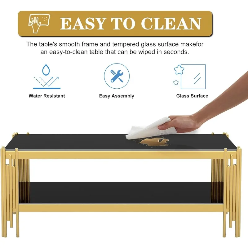 طقم طاولة قهوة زجاجية مكونة من 3 قطع، طاولة قهوة من الزجاج المقسى باللون الأسود مكونة من طبقتين من الفولاذ المقاوم للصدأ - للفتيات #4