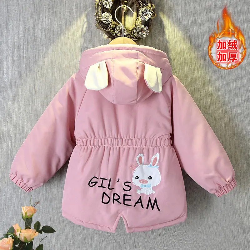 2024 Autumn Winter Warm Girls Coat Cute Rabbit Embroided Jacket For Girls Thick Windbreaker Outerwear Birthday Gift Kids Clothes