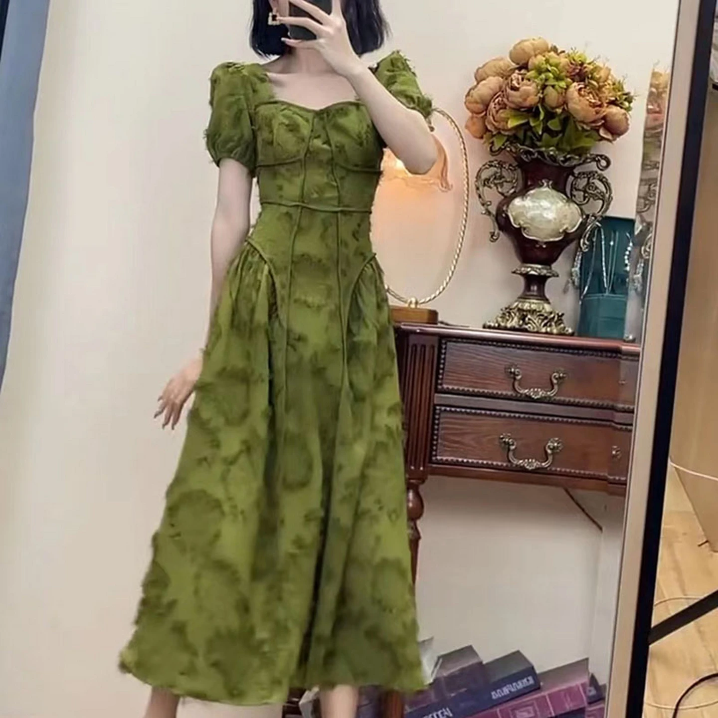 

Green Floral Print Puff Sleeve Dress Women's Spring Summer High Waist Long Dress Sweet Japanese Style Polyester Fiber A-Line ...