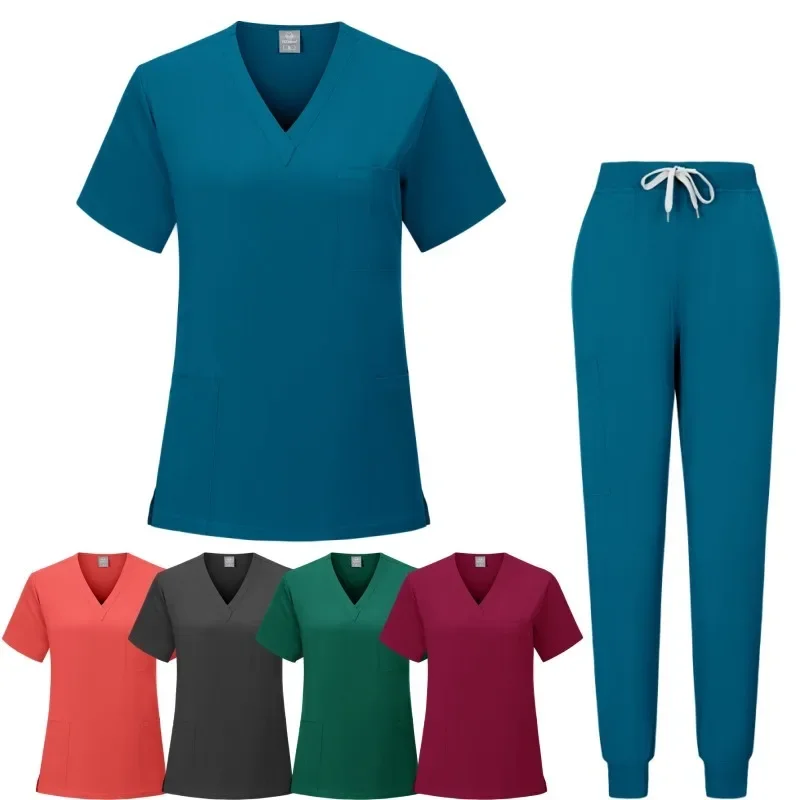 Uniforme de enfermera de manga corta para Mujer, Top con cuello en V, pantalones de Jogger, conjunto médico, uniforme informal de verano