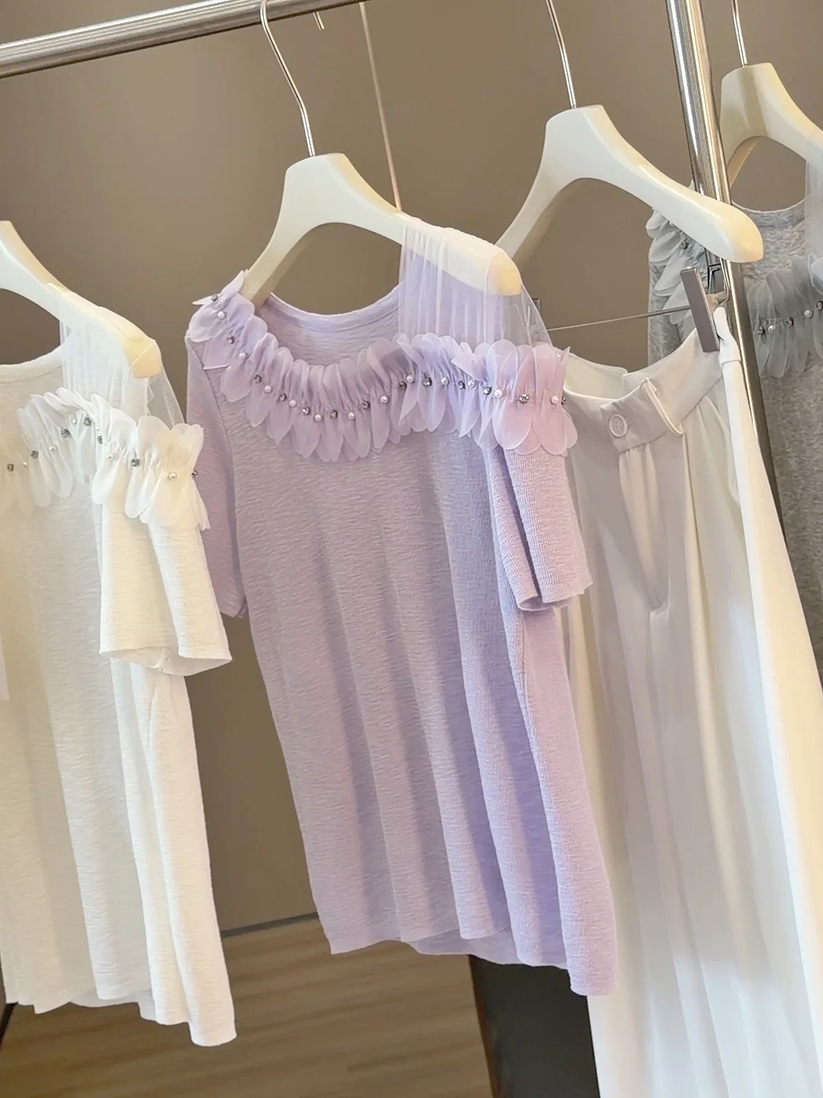 Women's Lavender Off Shoulder Ice Silk Top 3D Flower Ruffle Beaded Sheer Short Sleeve Blouse Elegant French Sweet Summer T-Shirt