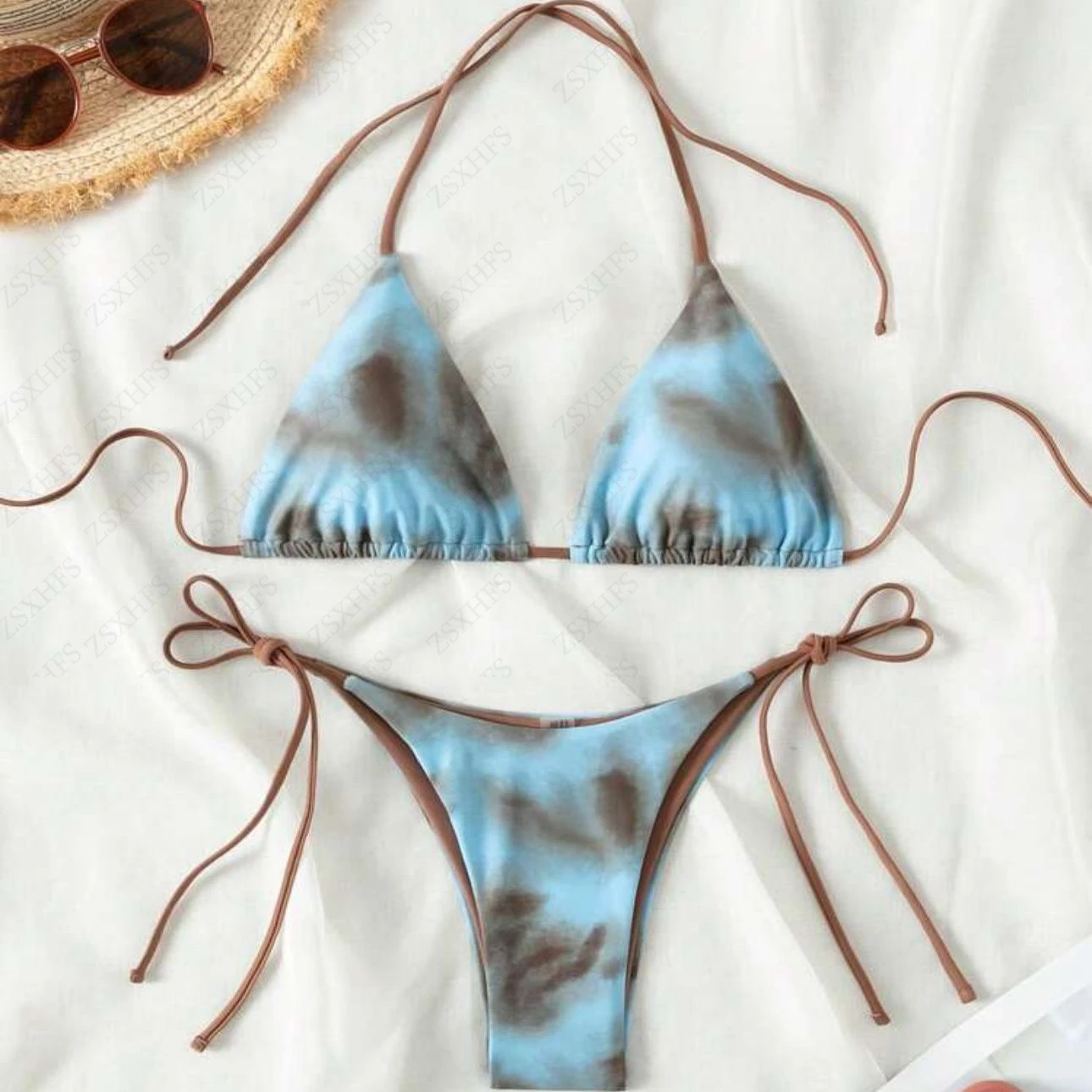 

Halter Push Up Bra Tie Side Thong Swimsuits Sexy Blue Tie-Dye Micro Bikini Women Brazilian Beach Bathing Suit Spiy Girl Swimwear