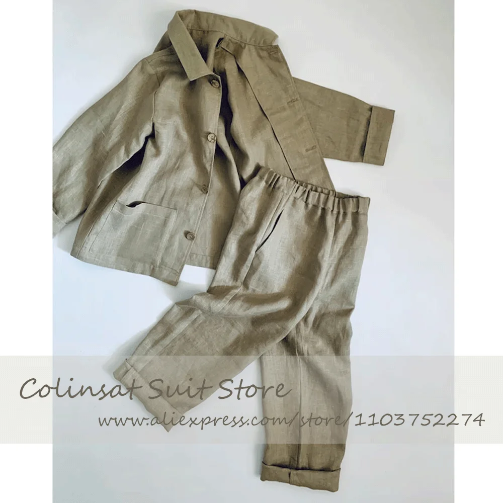 

Linen Suit for Boys 2 Piece Pantsuit Set Casual Lapel Blazer Children's Lightweight Clothing Summer Spring Wear Wedding Guest