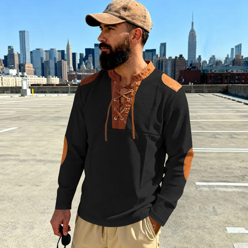 

Men's Waffle Knit Lace-Up Henley Shirt Casual Color Block Long Sleeve Pullover Top