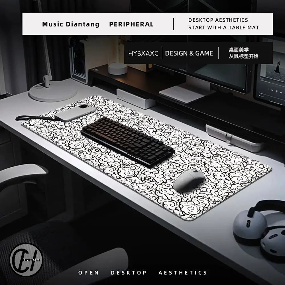 HYBXAXC Japanese Clouds Black And White Mouse Pad Gamer Desk Mats PC Gaming Rubber Keyboard MousePads Large Office Carpet