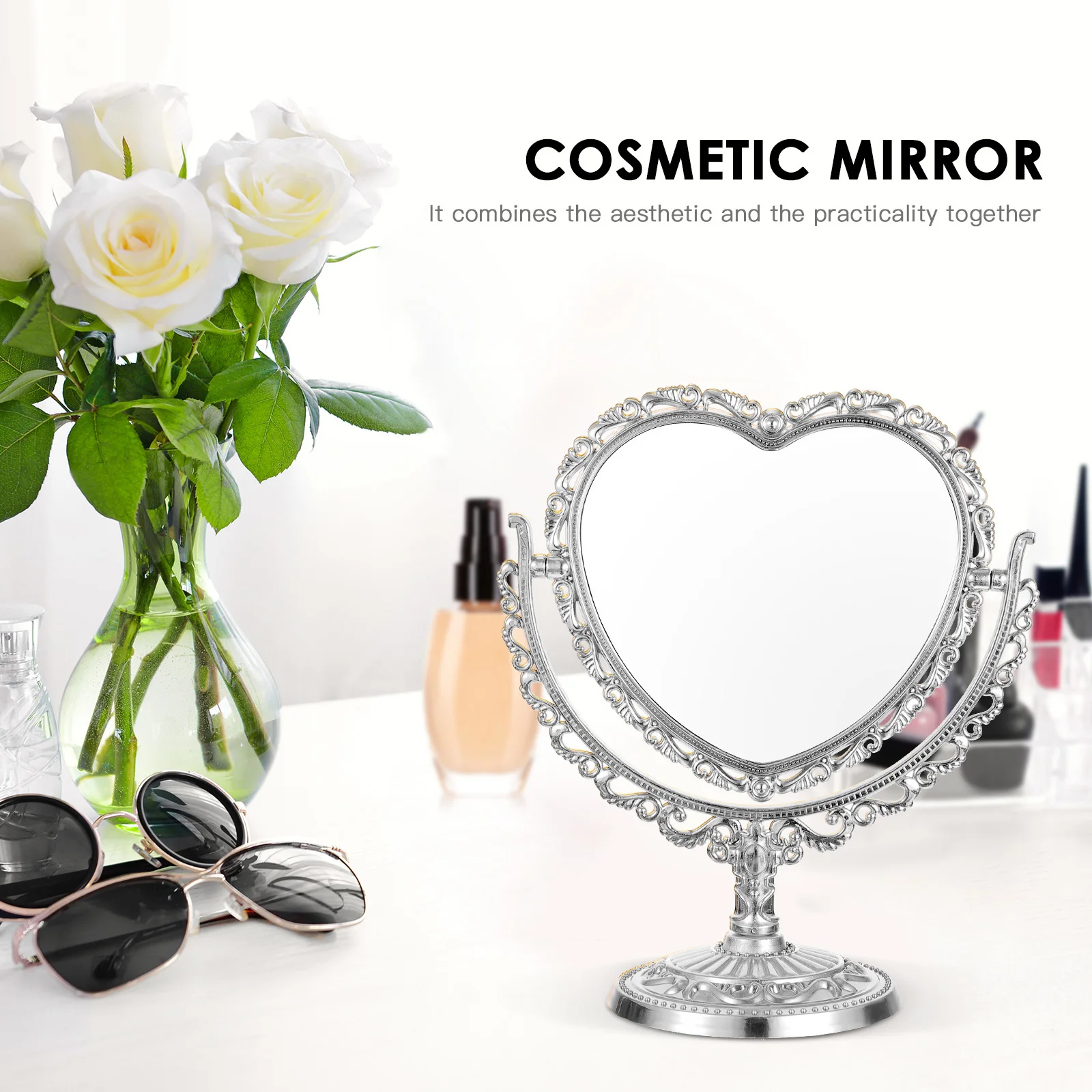 

Retro Heart Shaped Vanity Mirror for Desk Makeup Tabletop Counter Dresser Bathroom Bedroom Decor Free Rotation Chic Style