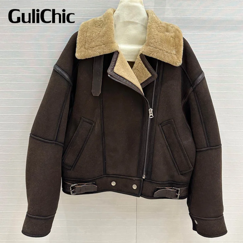 10.12 GuliChic Winter Keep Warm Suede Shearling Coat Women Vintage Genuine Leather Spliced Fur Lapel Warm Zipper Short Jacket