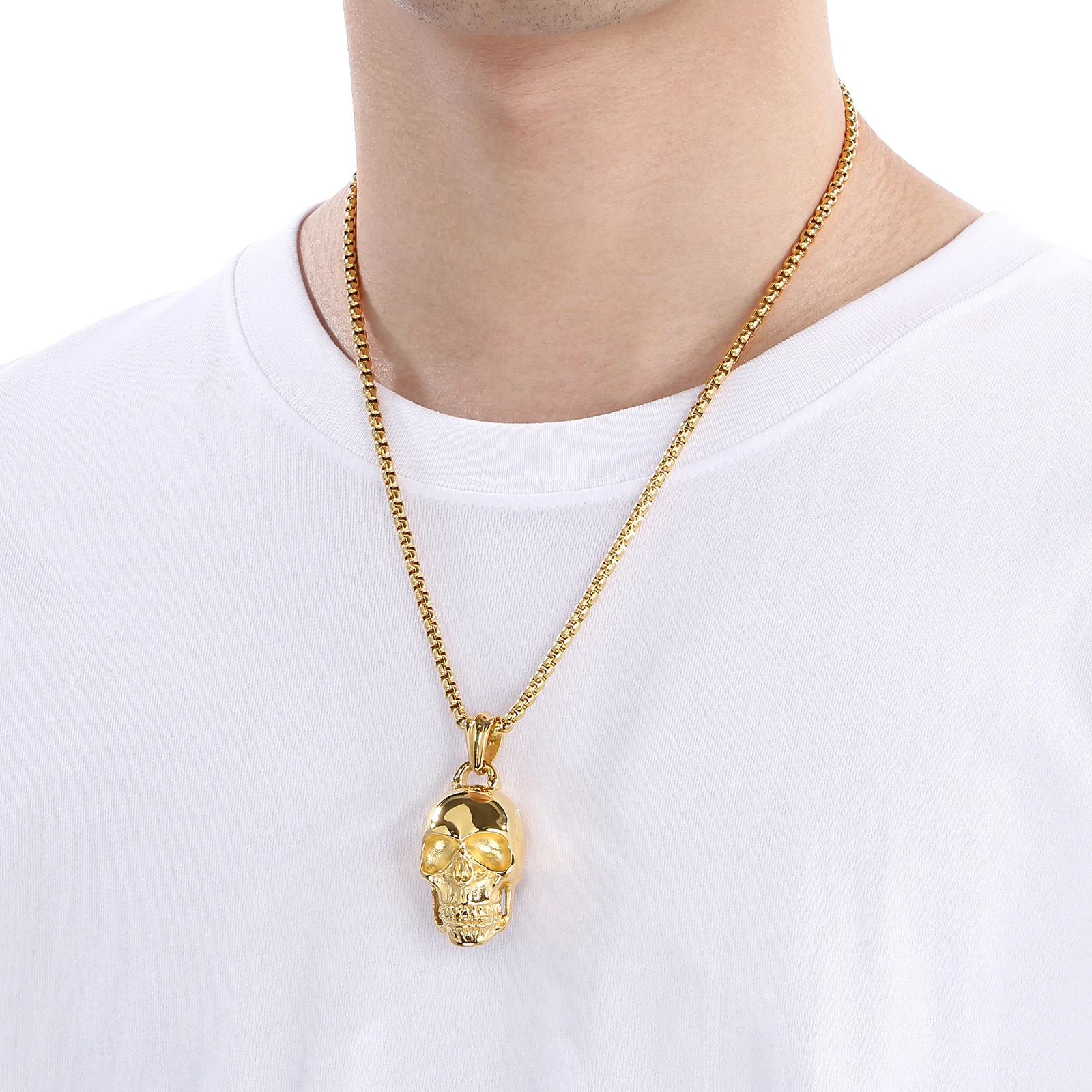 Fongten Exaggerated Personality Ghost Head Stainless Steel Pendant Necklace For Men Dark Retro Rock Skull Chain Gothic Jewelry