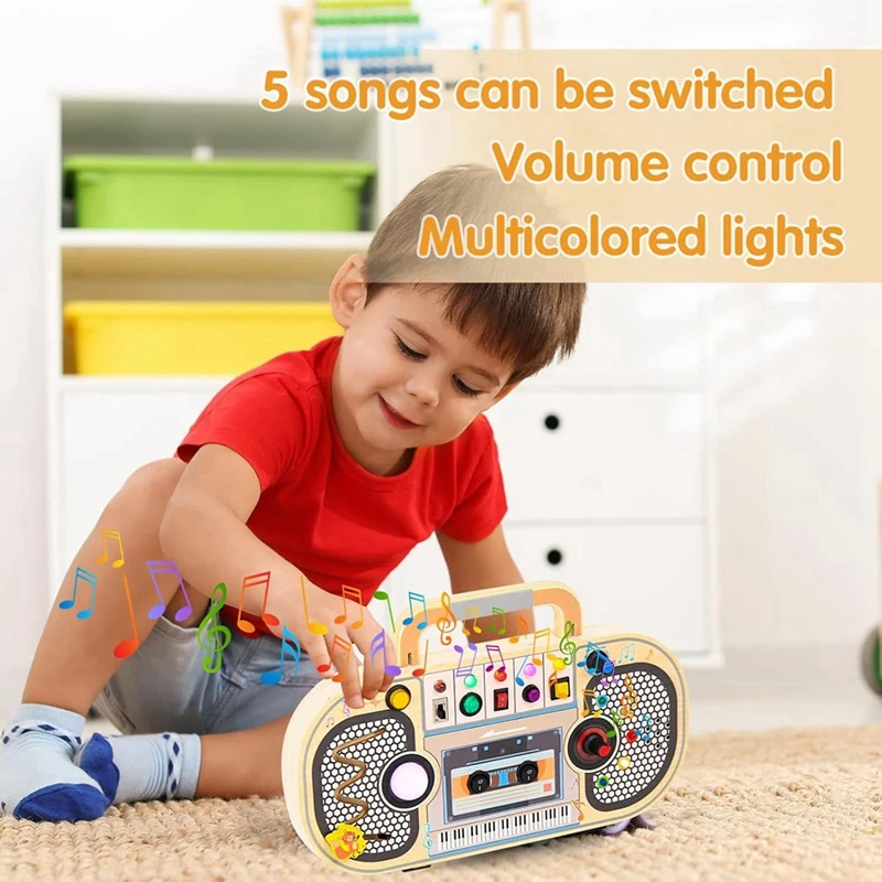 Montessori Wooden Digital Voice Recorder,5 Music Toggle Switchs Toy,Toddler Busy Board With 7 LED Light Montessori Toy