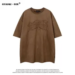 Original American retro brown embroidered suede short-sleeved T-shirt for men ins trendy design street tops men clothing y2k