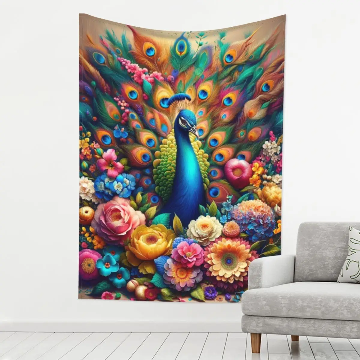 Peacock Tapestry Wall Hanging Beautiful Bird and Flower, Psychedelic Aesthetic Tapestries Wall Art Home Decor For Bedroom Living