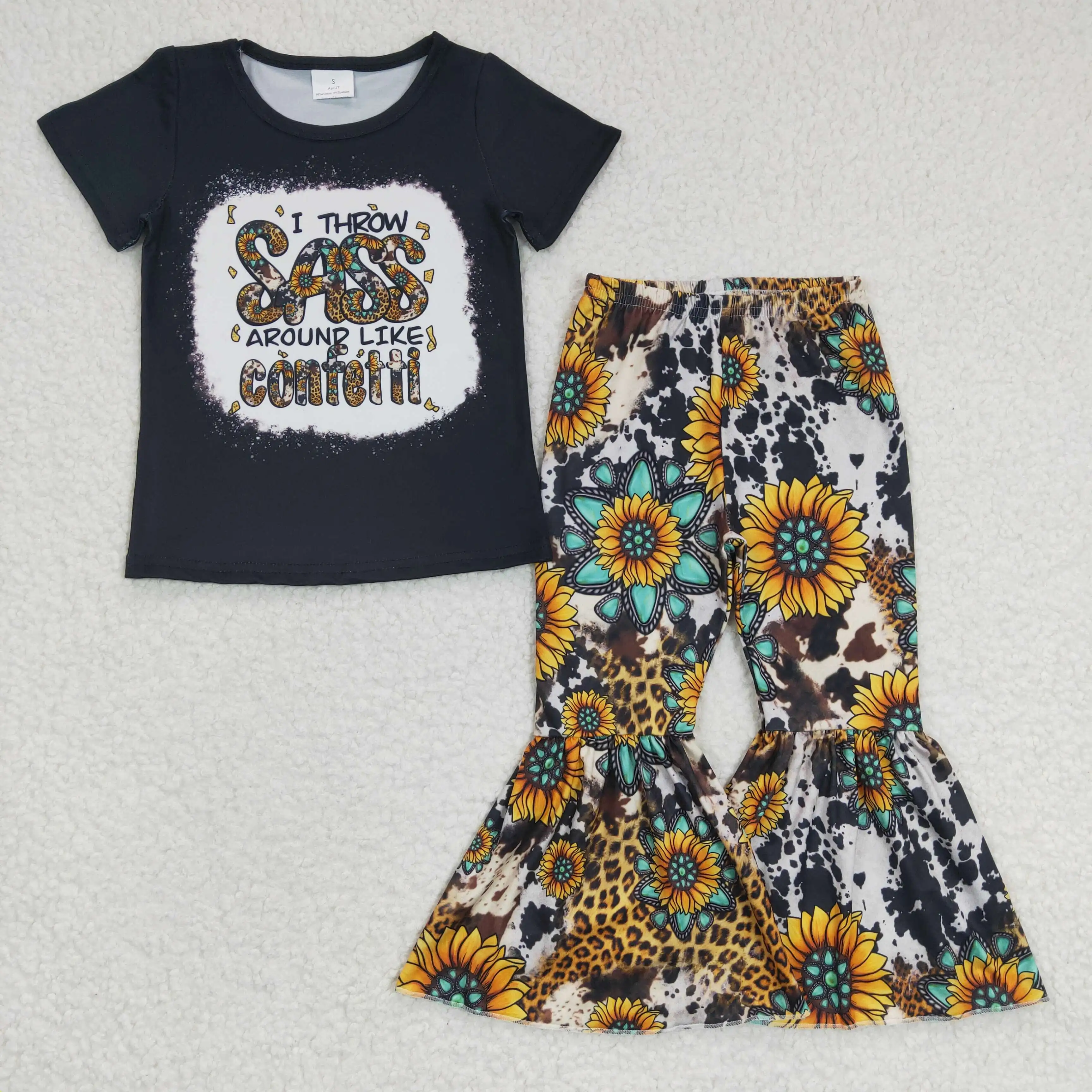 

GSPO0484 Boutique Kids Clothing Short Sleeve Top With Sunflower Bell Bottom Pants Girls Set