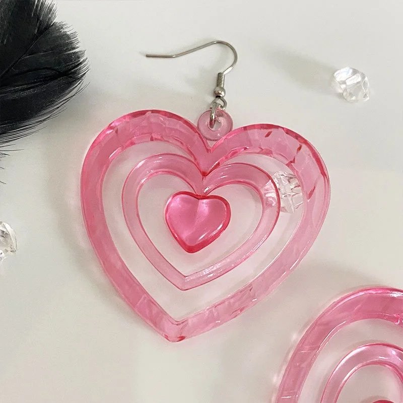 Y2K Fashion Vintage Pink Acrylic Heart Shaped Layered Hanging Earrings Women Girls Summer Sweet Party Jewelry Accessories Gift