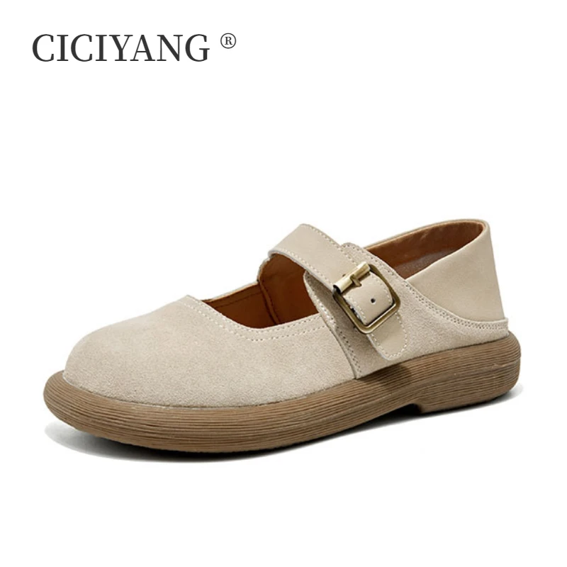 

CICIYANG Mary Jane Flat Loafers Women Spring Shoes 2024 New Genuine Leather Round Toe Casual Shoes Women Belt Buckle Retro Flats