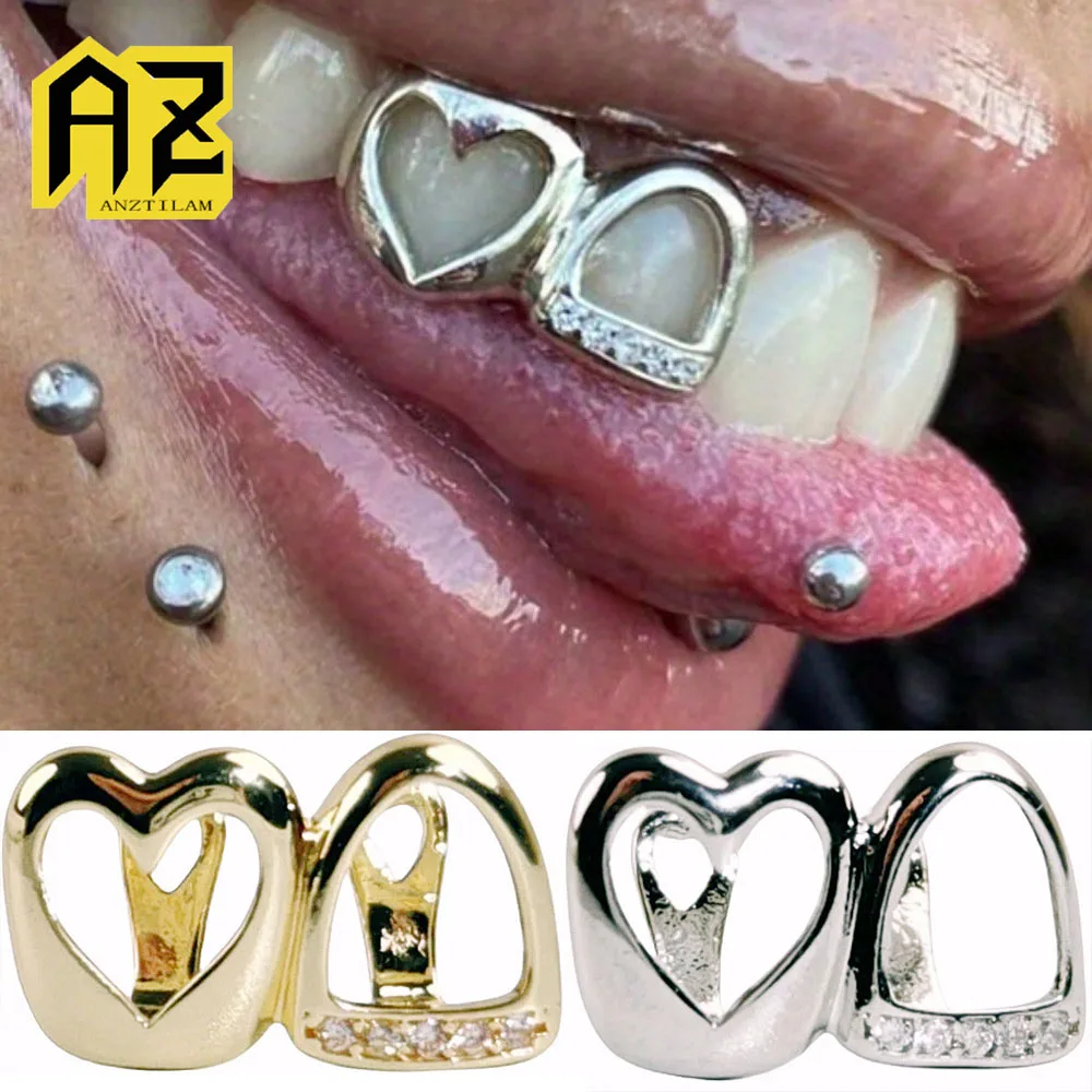 Anztilam 2 Pieces Set Grills Iced Out Grillz Full Zircon Tooth Shine Grill Men Women Hip Hop Tooth Grills Caps Teeth Jewelry