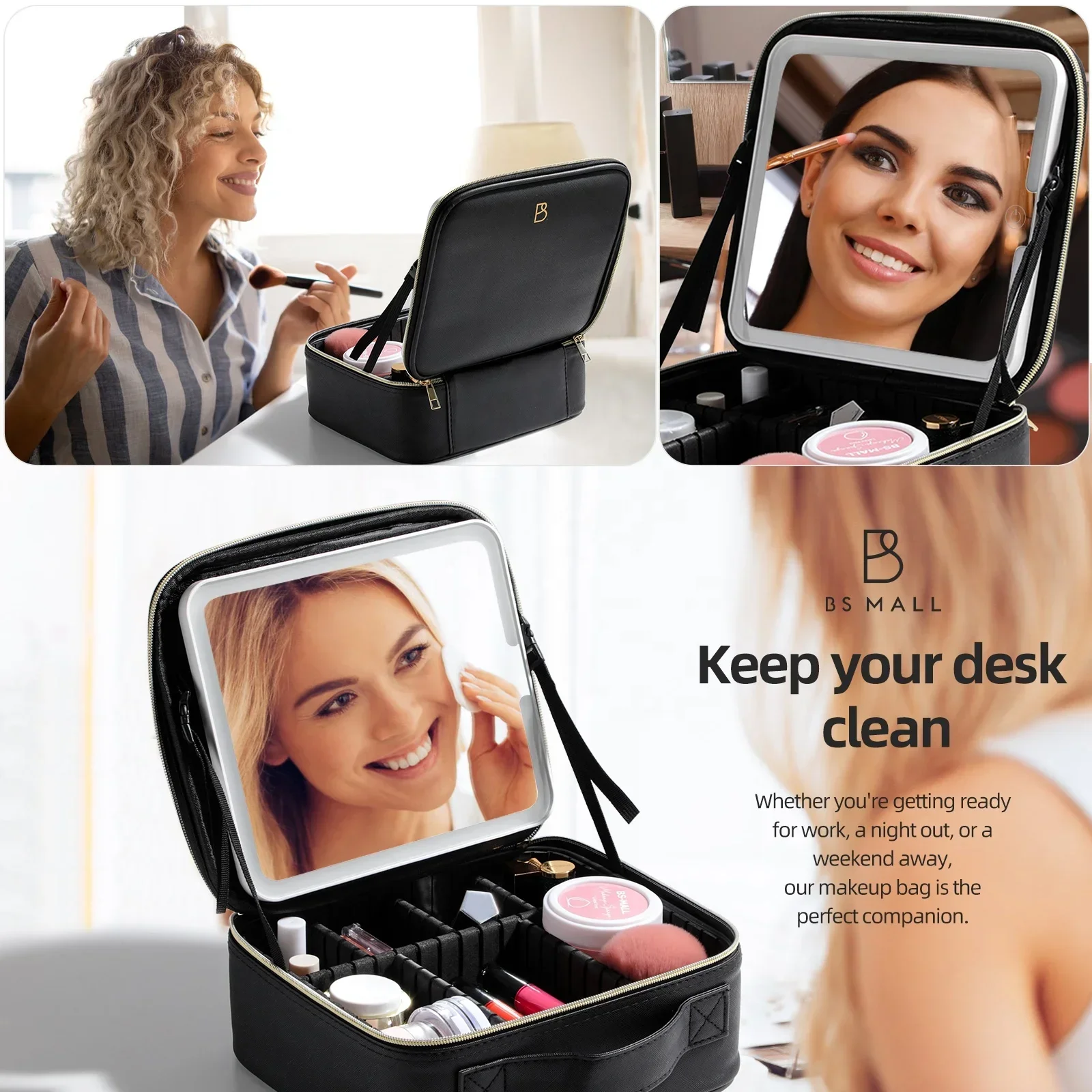 

-Large Capacity Makeup Case with Mirror Travel Makeup Train Case Cosmetic Bag Organizer Makeup Bag with LED Mirror