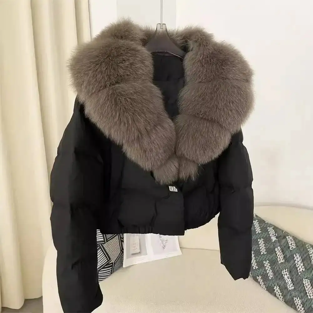

Winter New Women's Short Fashionable Warm Duck Down Jacket Real Fox Fur Collar Coat Long Sleeve High Quality Chinese Brand