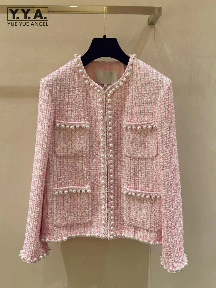 

Fashion New Women Elegant Patchwork Pink Glitter Pearl Decoration Jacket Long Sleeve Straight Coat Outerwear Female V Neck Loose