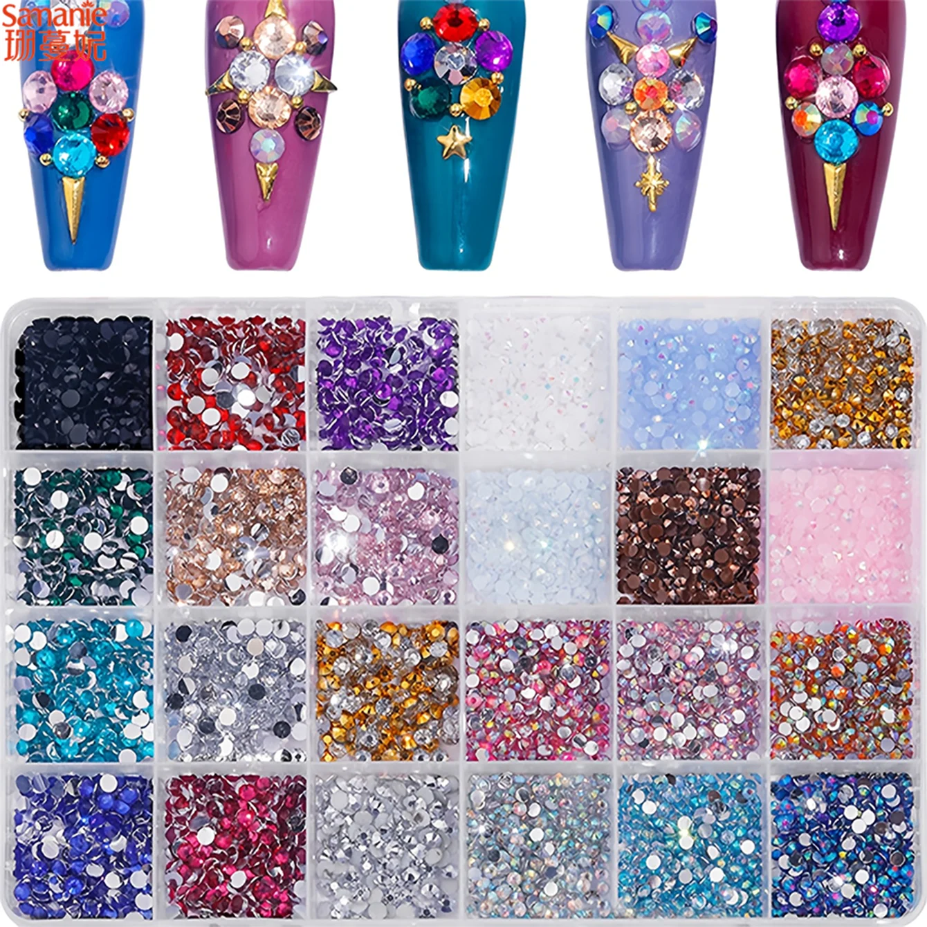 24 Grids Mixed Color Flatback Nail Rhinestones Multi Size Crystal Nail Gems Round Glass Nail Diamonds for DIY Manicure Nail Art Decorations Supplies