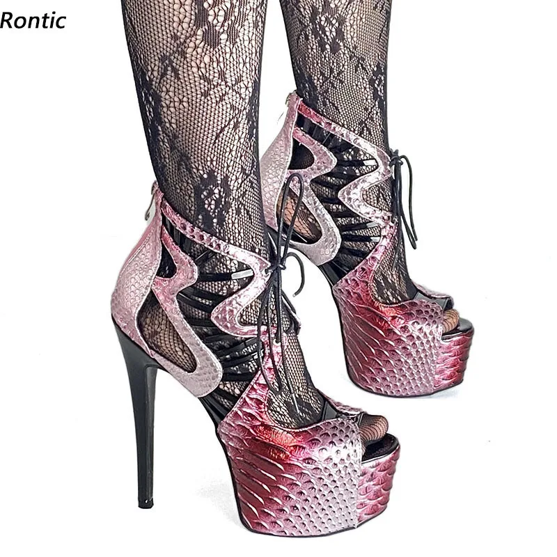 Rontic Handmade Women Platform Sandals Crocodile Hollow Out Sexy Stiletto Heels Peep Toe Beautiful Red Party Shoes US Size 5-20