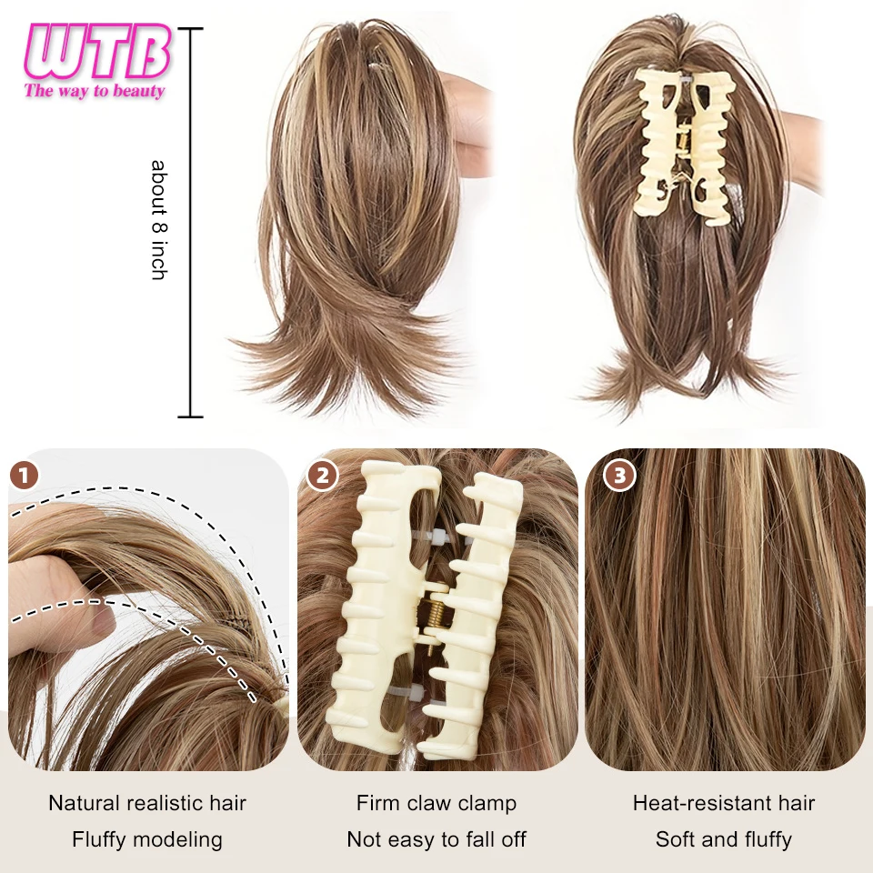Synthetic Claw Clip in Straight Hair Bun 9 Inch Short Ponytail Extension Short Straight Wigs for Women Fake Heat-resistant hair
