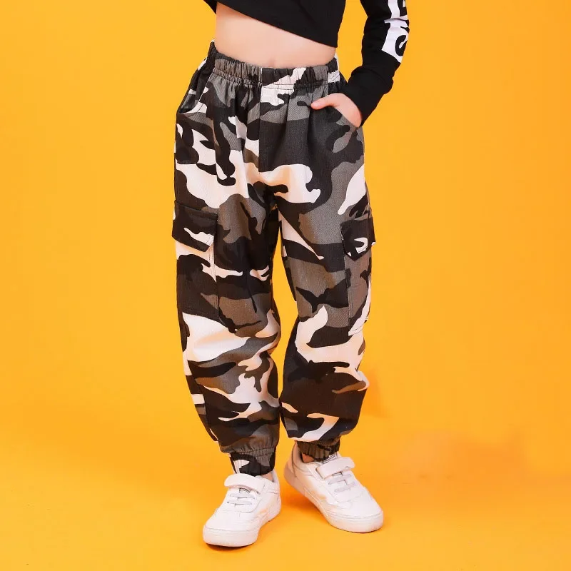 Pantaloni Casual per ragazza Costume da ballo Hiphop vestiti da ballo 110-180cm bambini adulti Hip Hop abbigliamento felpa Top Crop Camouflage