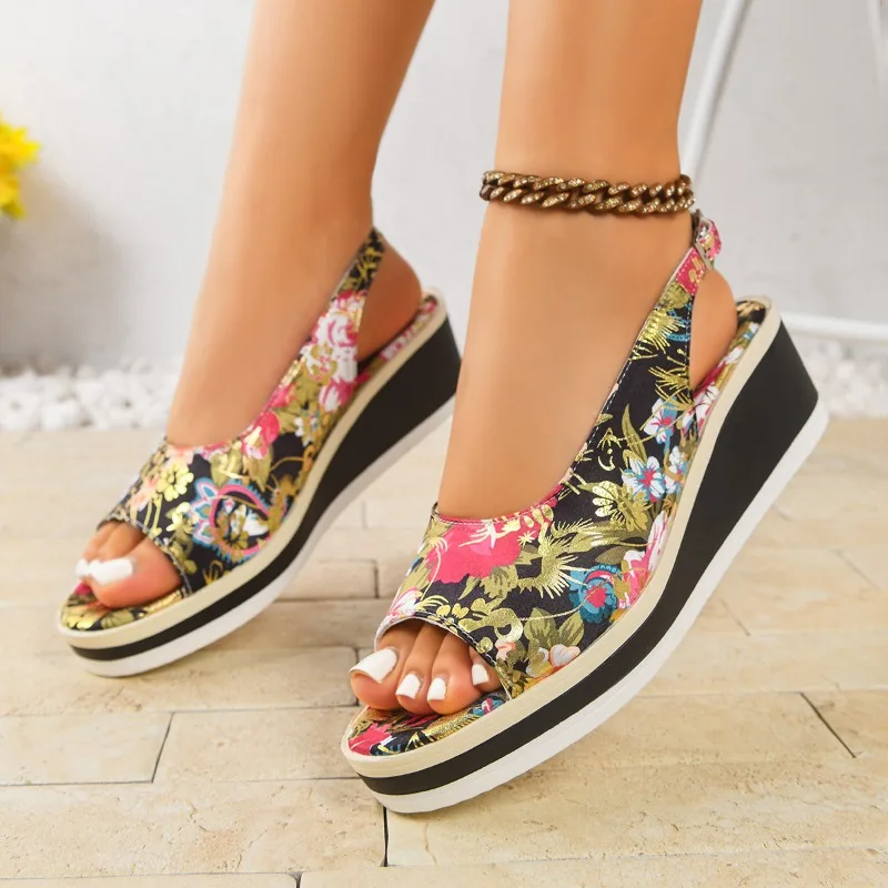 

Zapatos Mujer Hot Sale Fashion Comfortable Floral Sexy Banquet Fish Mouth Soft Buckle Light Sandals Women's Casual Wedge Shoes