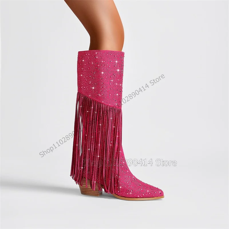 

Rose Red Tassels Rhinestone Decor Pointed Toe Boots Knee High Women Shoes Chunky Heels Fashion Runway 2023 Zapatos Para Mujere