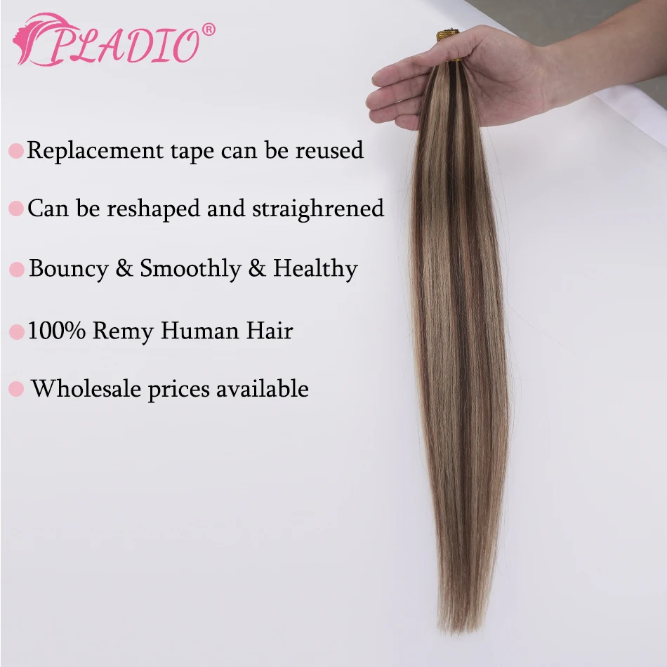 Cinta en extensiones de cabello humano, 100% cabello Remy brasileño, 12-26 pulgadas, extensiones de trama de piel Invisible sin costuras rectas, 20 unidades