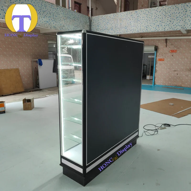 custom.New Design Wall Display Cases Glass Showcase Hot Selling Locking Front Aluminum Tempered Glass Colorful LED Strip L
