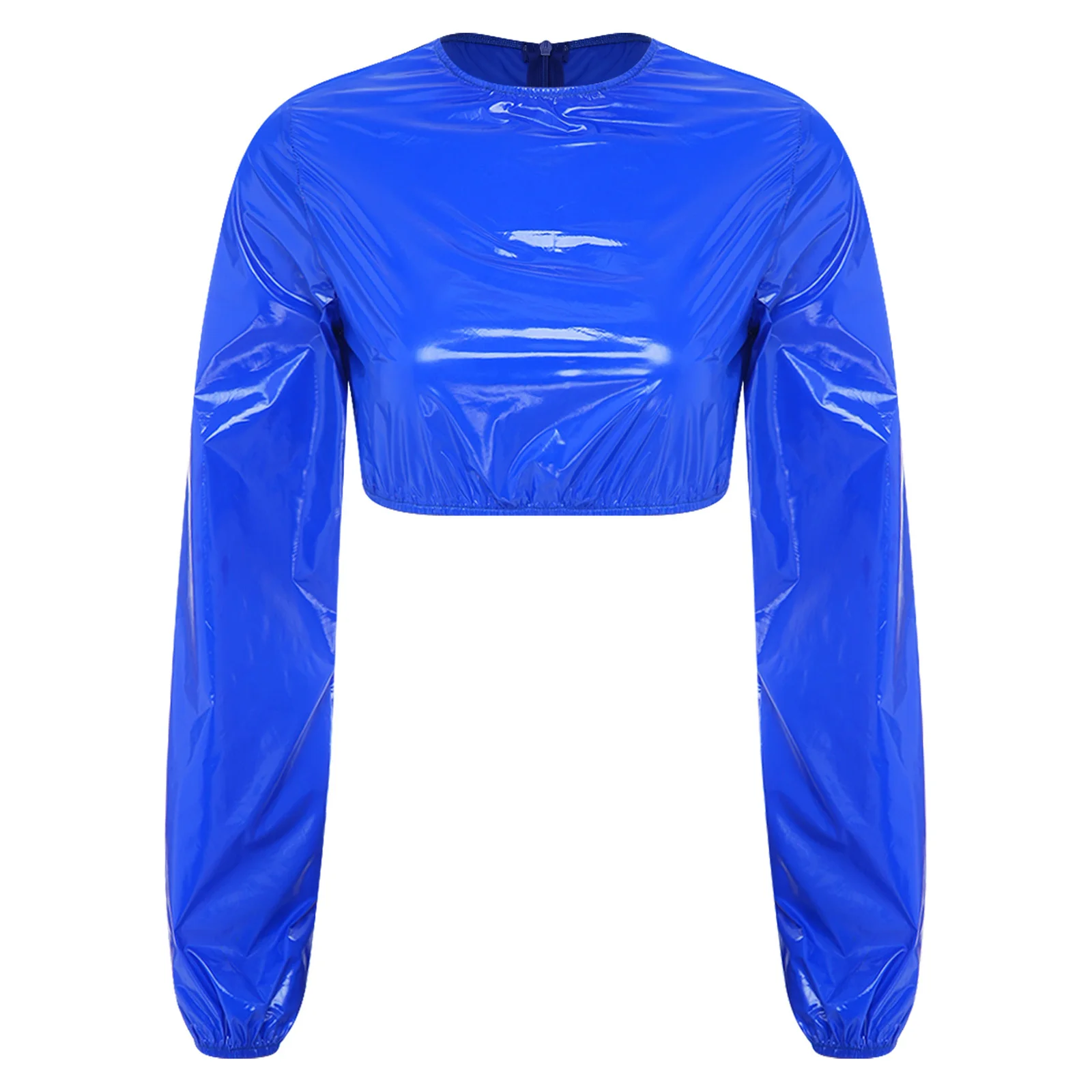 Women Fashion Outdoor Waterproof Raincoat Tank Top Glossy Crop Top Long Sleeve T-shirt Crop Sweat Top Nightclub Waterproof Wear